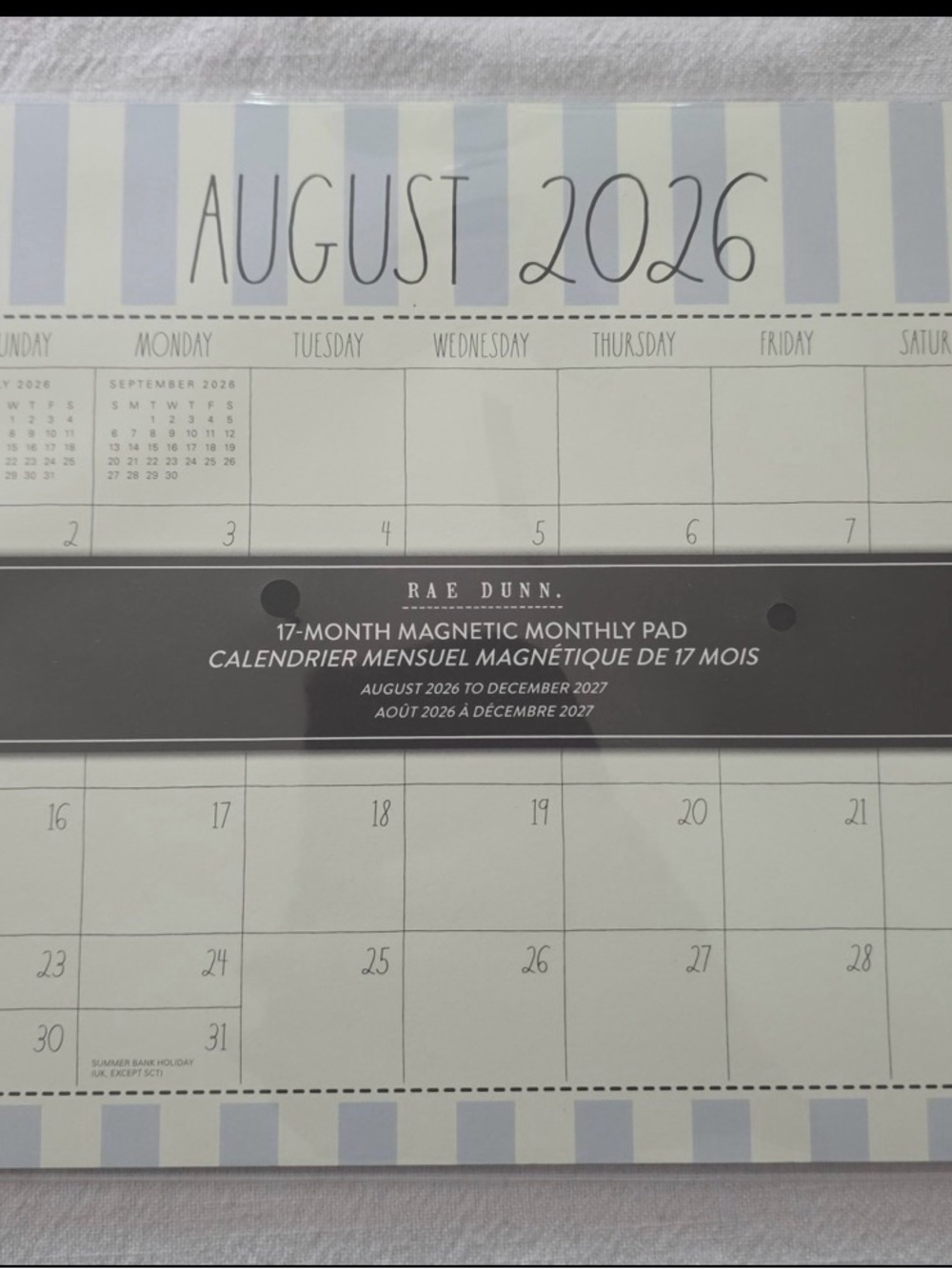 Rae Dunn Lavender and Cream Striped 17-Month Magnetic Monthly Calendar